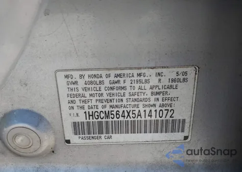 2005 Honda Accord 2.4 Lx из США, поврежденный, VIN 1HGCM564X5A141072